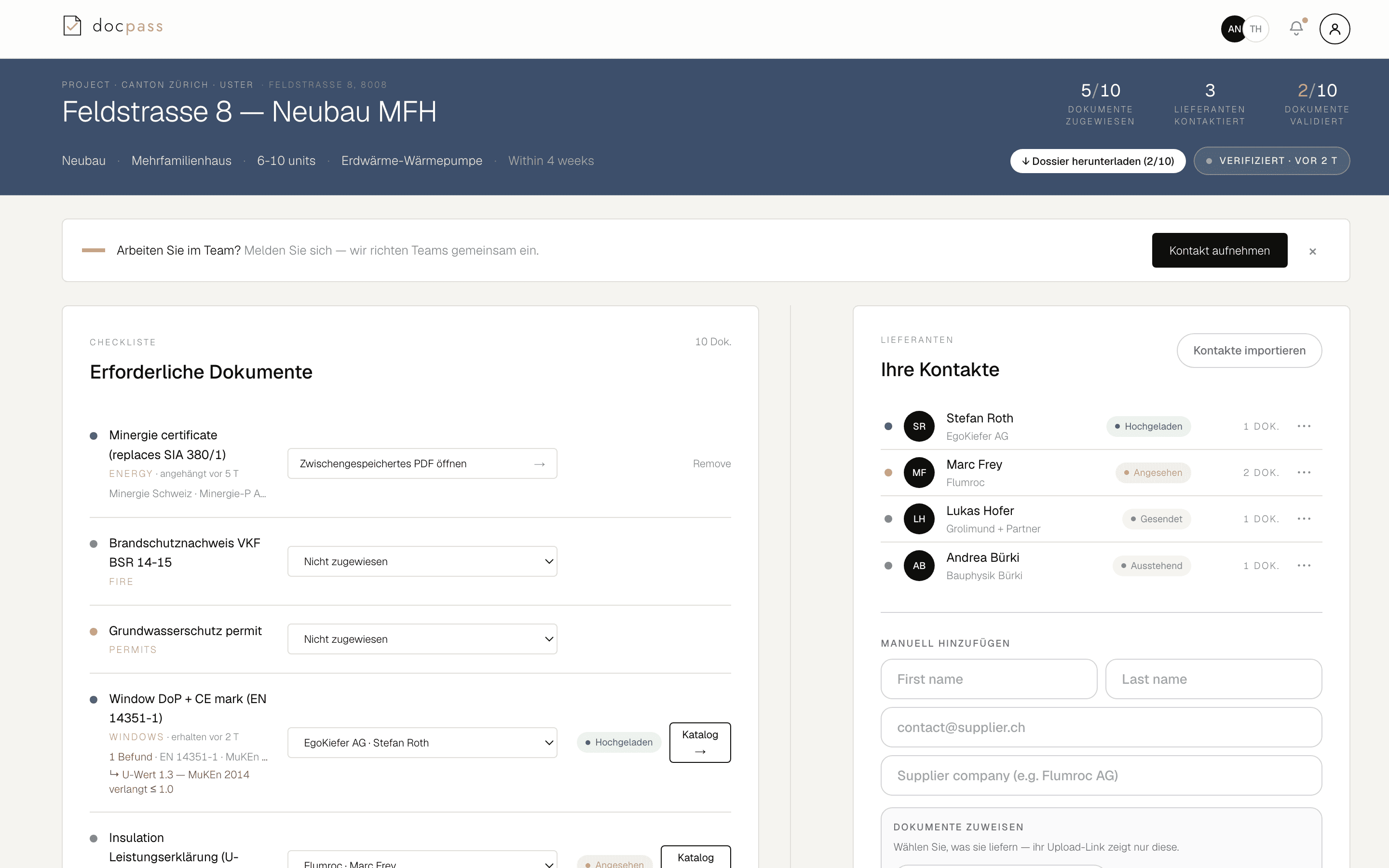 The Docpass workspace dashboard: a required-documents checklist with validation status, supplier contact tracking, and a Bauamt-ready dossier download button.
