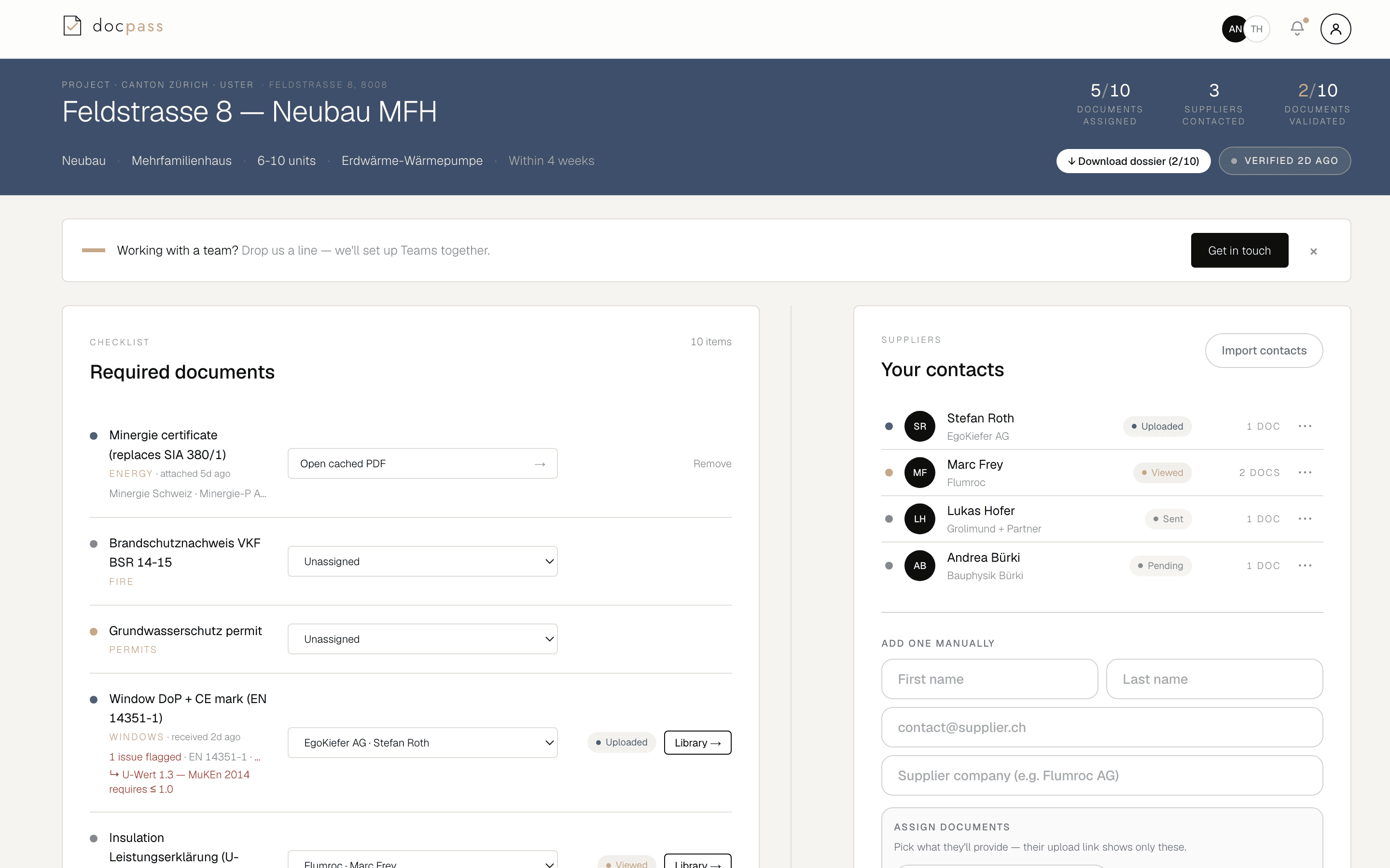 The Docpass workspace dashboard: a required-documents checklist with validation status, supplier contact tracking, and a Bauamt-ready dossier download button.